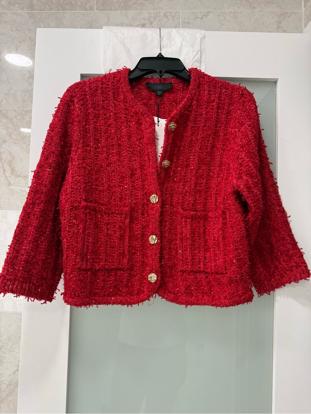 Zara Red Bouclé Tweed Jacket with Gold Buttons